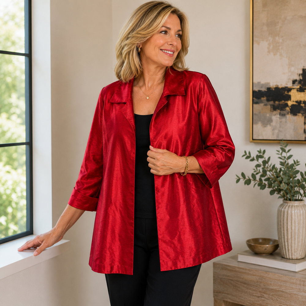 Chicos Jacket 3 Womens 16-18 XL Red Shimmer Notched Shantung Hi Low Topper TAGS